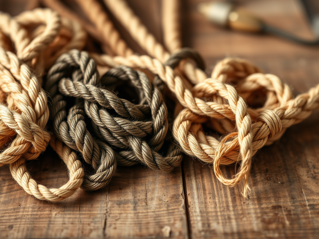 Close-up van verschillende soorten touw, waaronder dikke henneptouwen en een grijs synthetisch touw, netjes opgerold op een rustieke houten achtergrond.