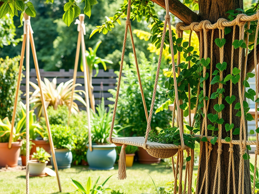 Een rustieke tuinscène met een touwschommel gemaakt van dik, natuurlijk touw, hangend aan een boomtak. In de achtergrond zijn hangende plantenbakken met touw bevestigd aan een houten frame, omringd door groen gras, struiken en potplanten.